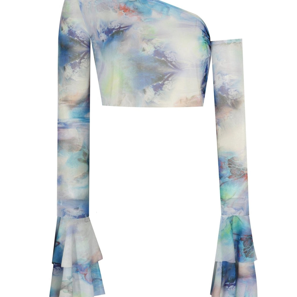 Baskılı Kolları Fırfırlı Transparan Crop Top - No Design Store