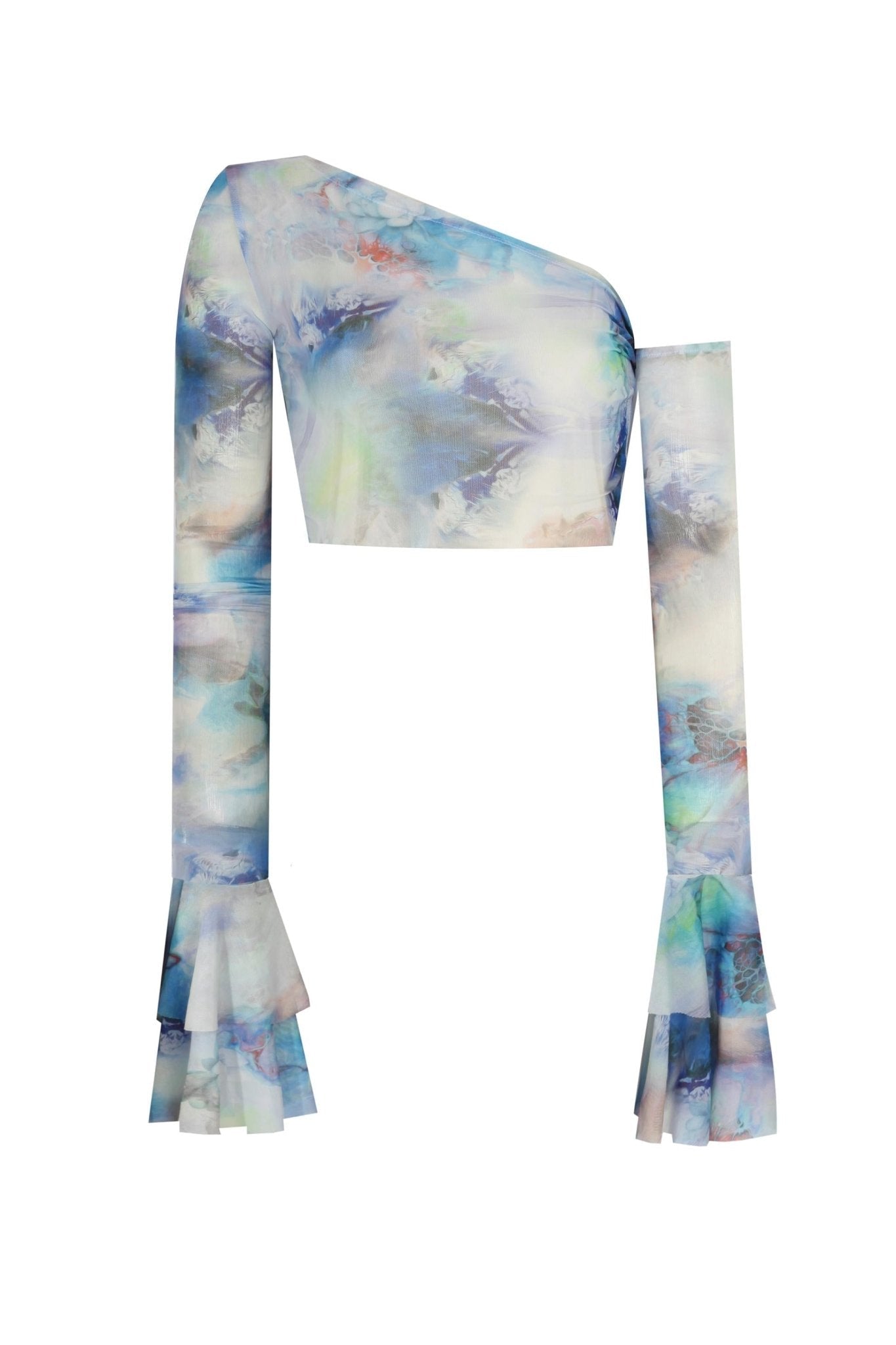 Baskılı Kolları Fırfırlı Transparan Crop Top - No Design Store
