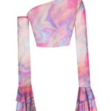 Baskılı Kolları Fırfırlı Transparan Crop Top - No Design Store