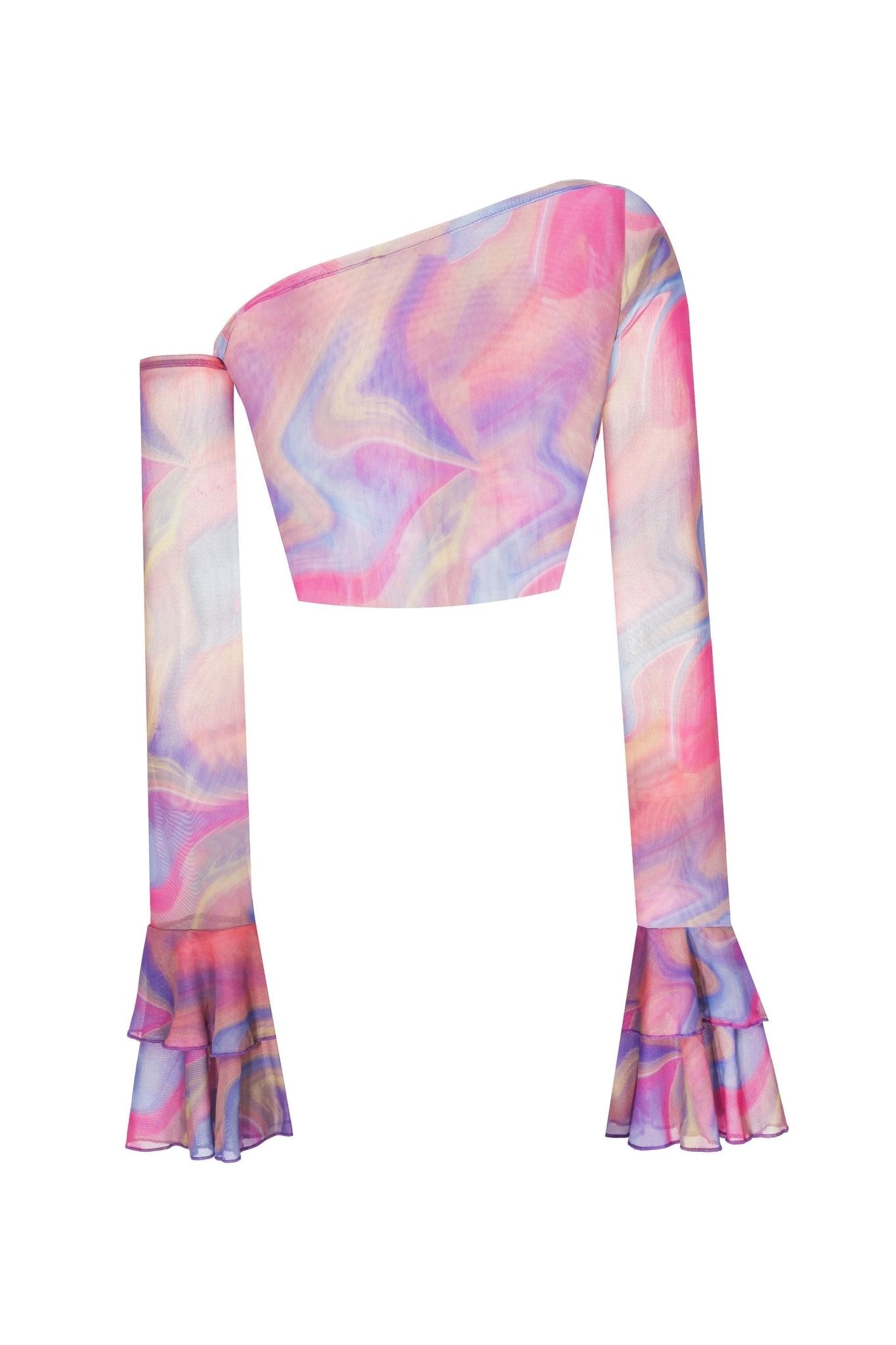 Baskılı Kolları Fırfırlı Transparan Crop Top - No Design Store