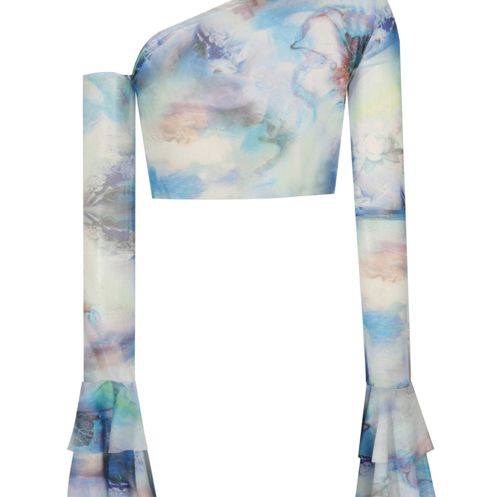 Baskılı Kolları Fırfırlı Transparan Crop Top - No Design Store