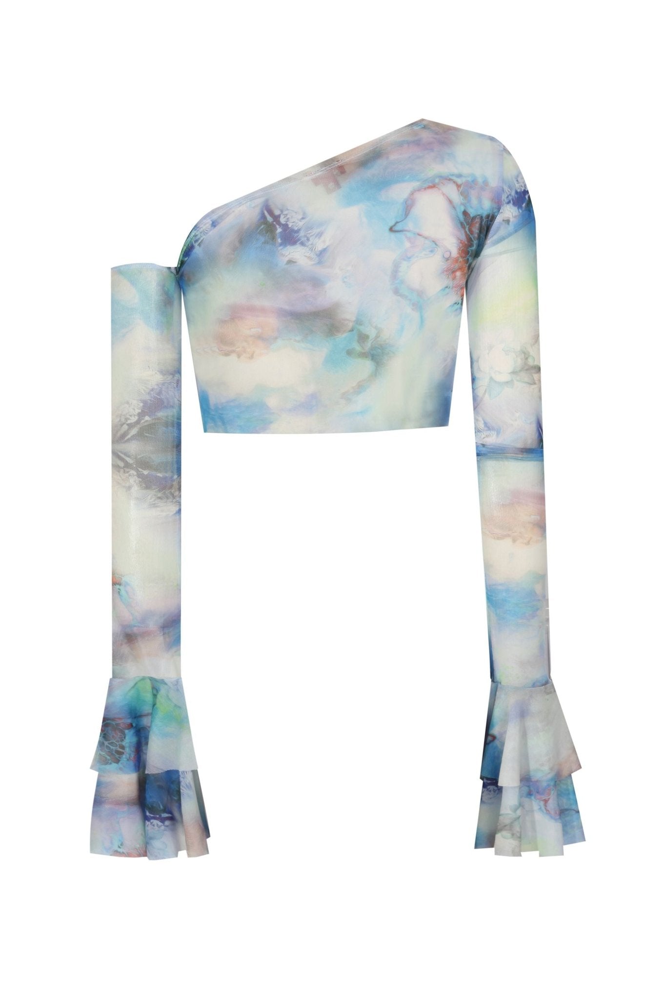 Baskılı Kolları Fırfırlı Transparan Crop Top - No Design Store