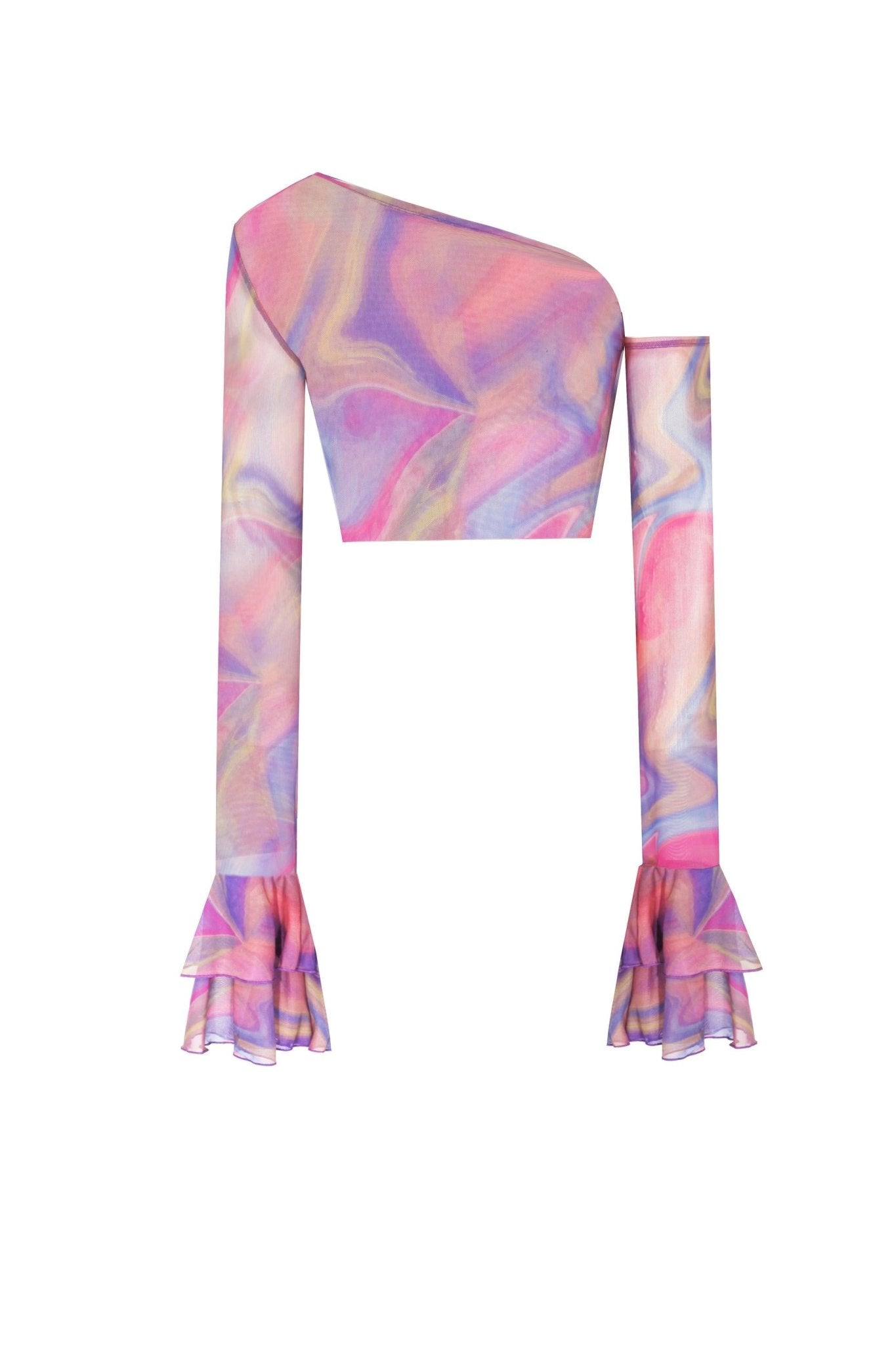 Baskılı Kolları Fırfırlı Transparan Crop Top - No Design Store