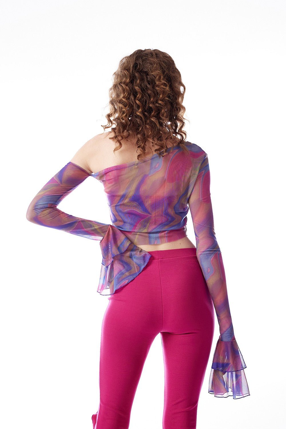 Baskılı Kolları Fırfırlı Transparan Crop Top - No Design Store