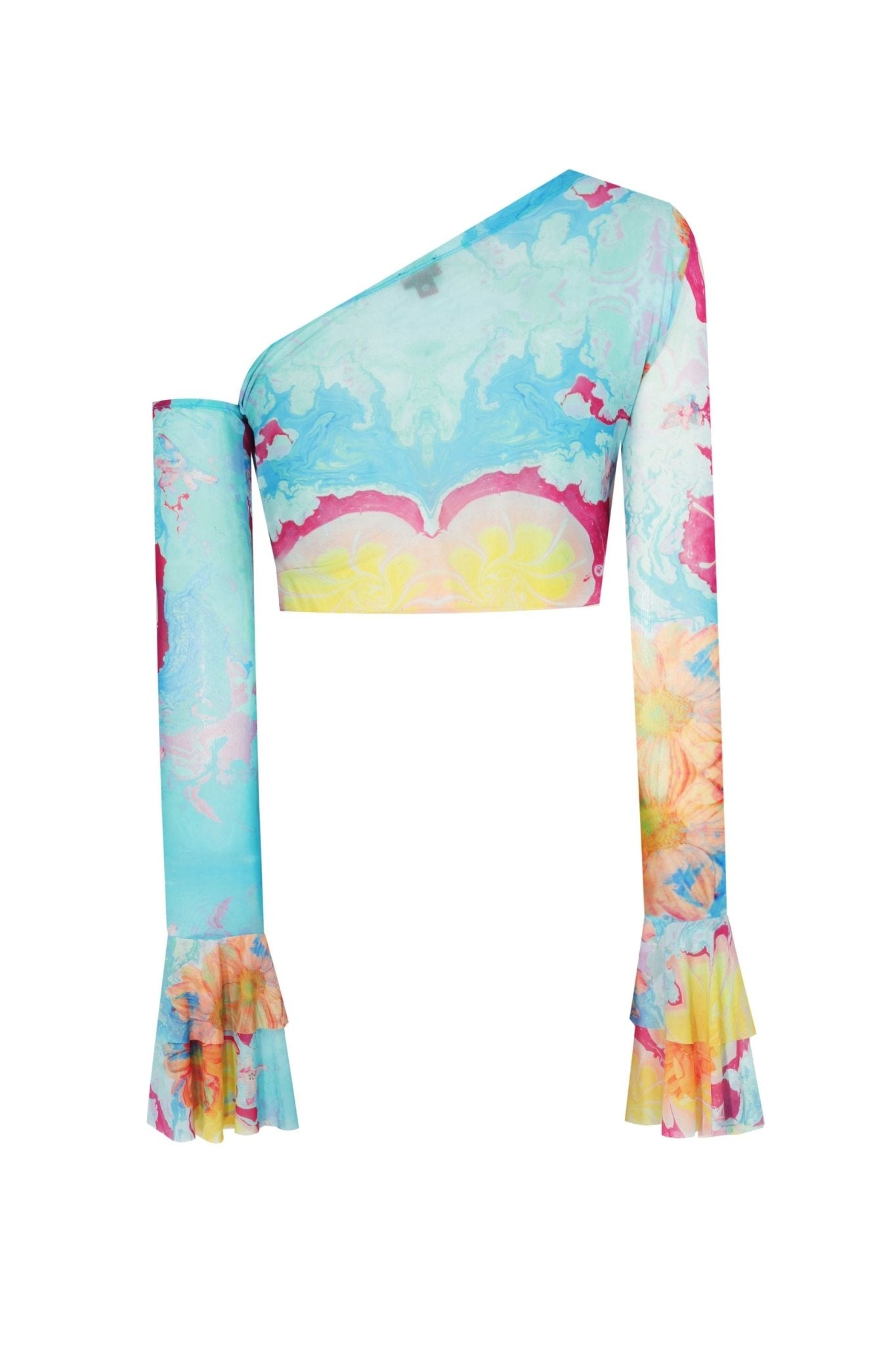 Baskılı Kolları Fırfırlı Transparan Crop Top - No Design Store