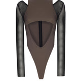 Göbek Dekolteli Kontrast Kumaş Detaylı Bodysuit - No Design Store
