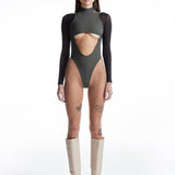 Göbek Dekolteli Kontrast Kumaş Detaylı Bodysuit - No Design Store