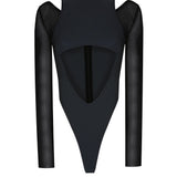 Göbek Dekolteli Kontrast Kumaş Detaylı Bodysuit - No Design Store