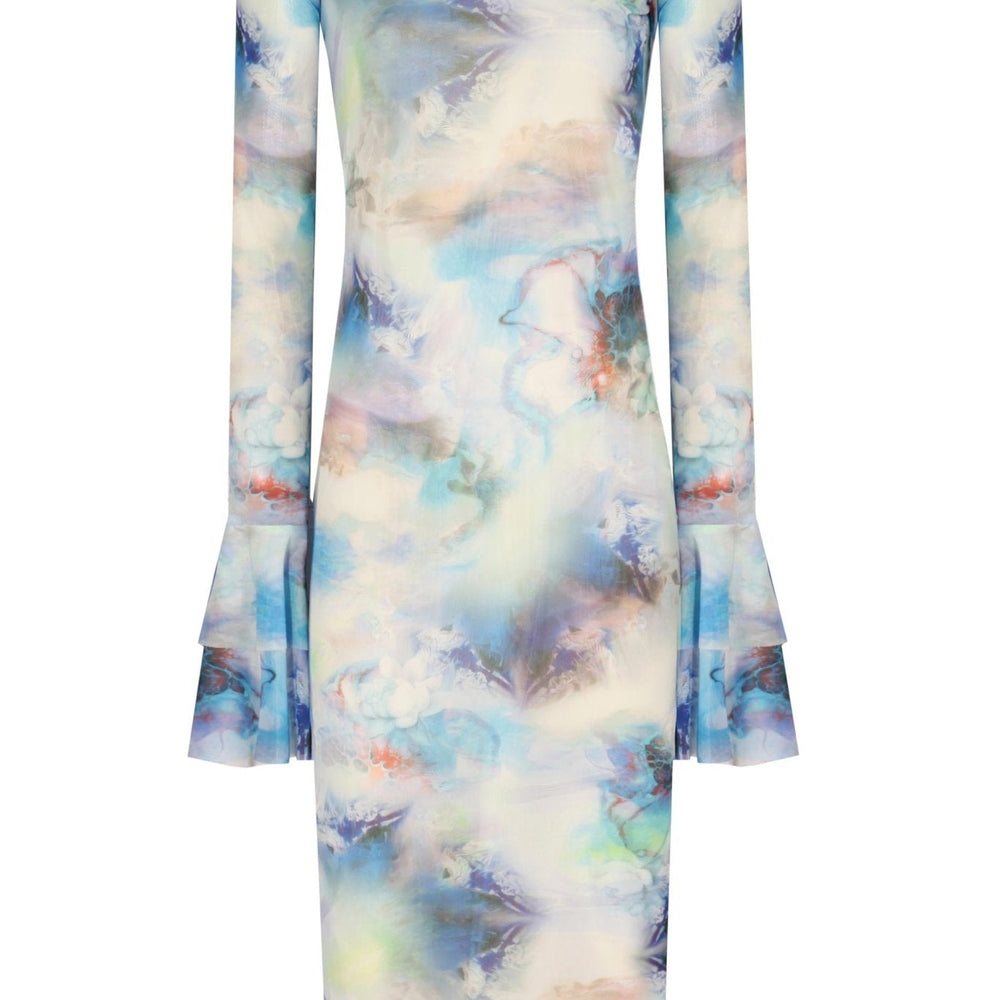 Kolları Fırfır Detaylı Balıkçı Yaka Baskılı Midi Boy Elbise - No Design Store