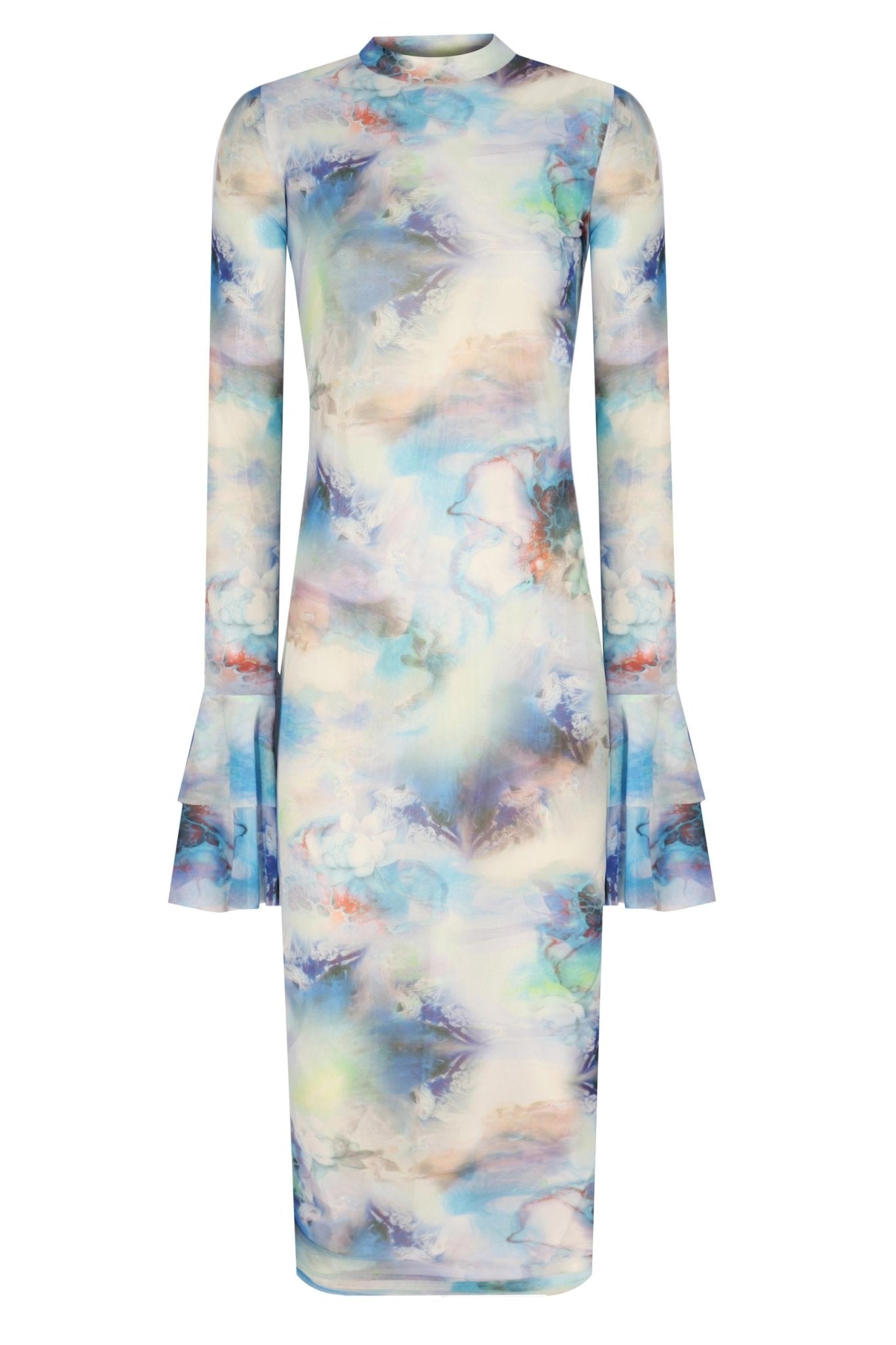 Kolları Fırfır Detaylı Balıkçı Yaka Baskılı Midi Boy Elbise - No Design Store