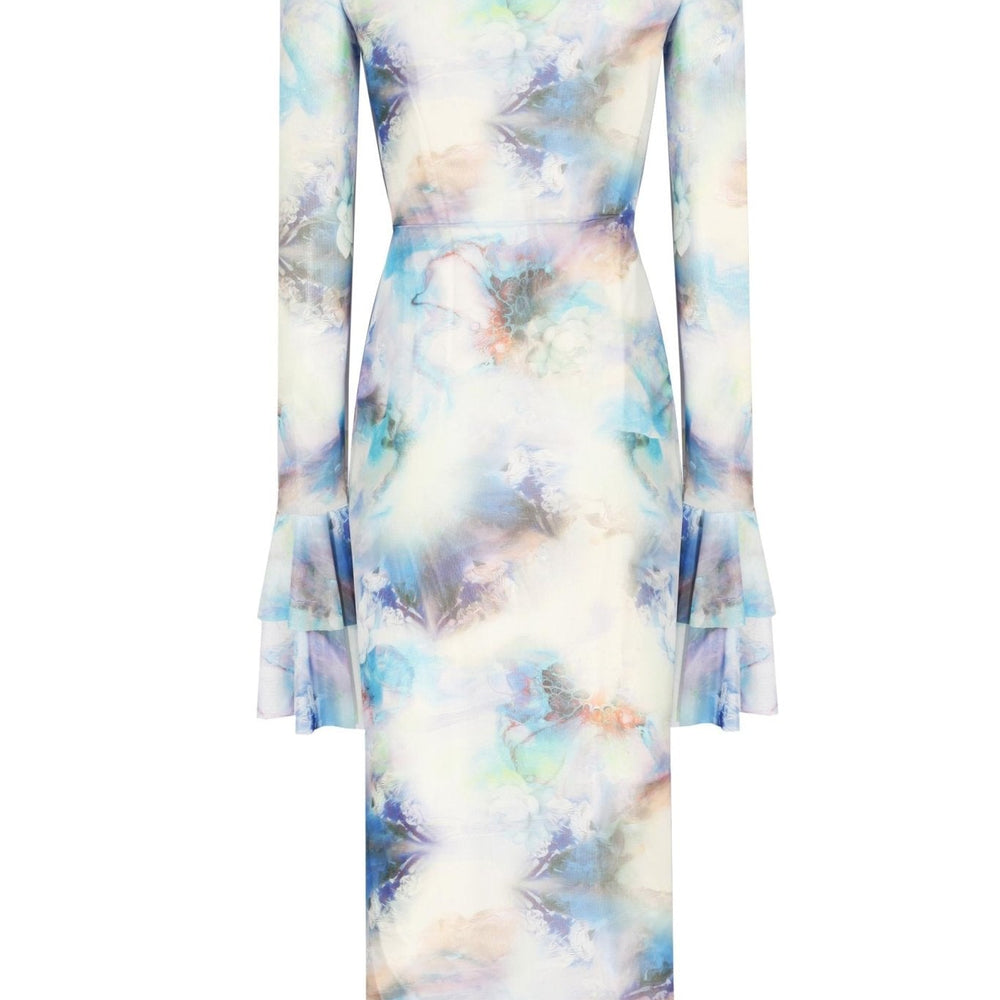 Kolları Fırfır Detaylı Balıkçı Yaka Baskılı Midi Boy Elbise - No Design Store