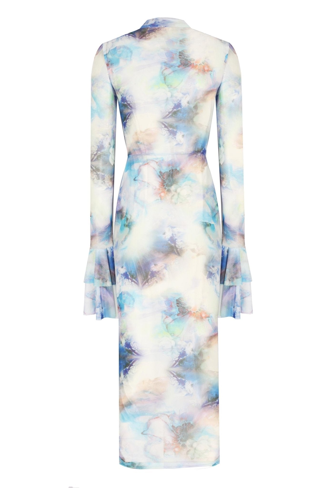 Kolları Fırfır Detaylı Balıkçı Yaka Baskılı Midi Boy Elbise - No Design Store