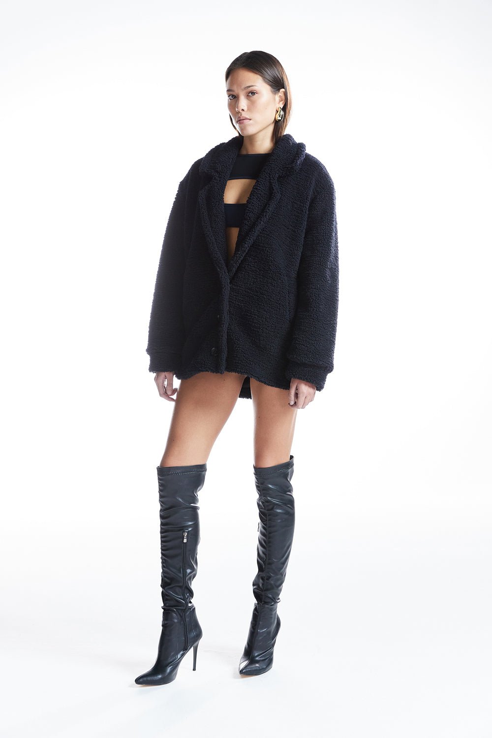 Oversize Düğmeli Teddy Kısa Kaban - No Design Store