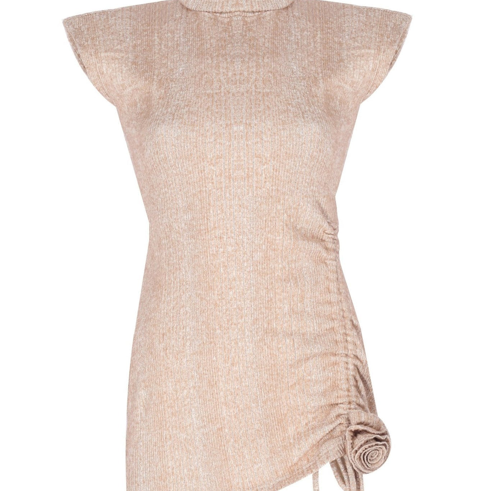 Uzun Balıkçı Yaka Ayarlanabilir Büzgü Yırtmaç ve Gül Detaylı Vatkalı Triko Mini Elbise - No Design Store