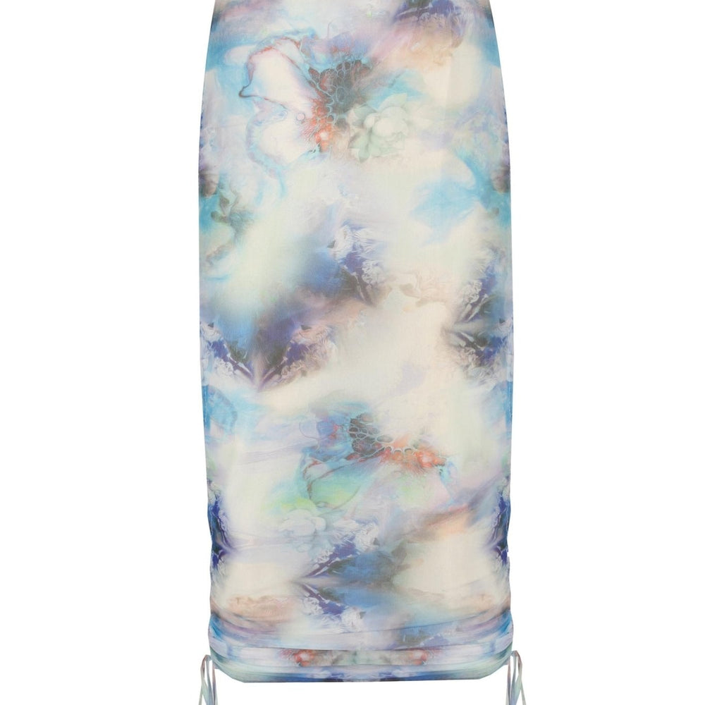 Yanları Büzgülü Baskılı Transparan Tül Midi Boy Etek - No Design Store